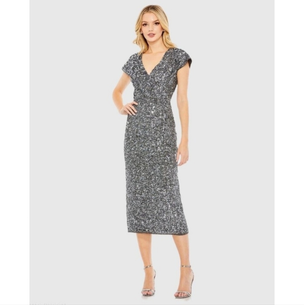 Mac Duggal Gray Silver Sequined Cap Sleeve Wrap Over Cocktail‎ Dress Size 12